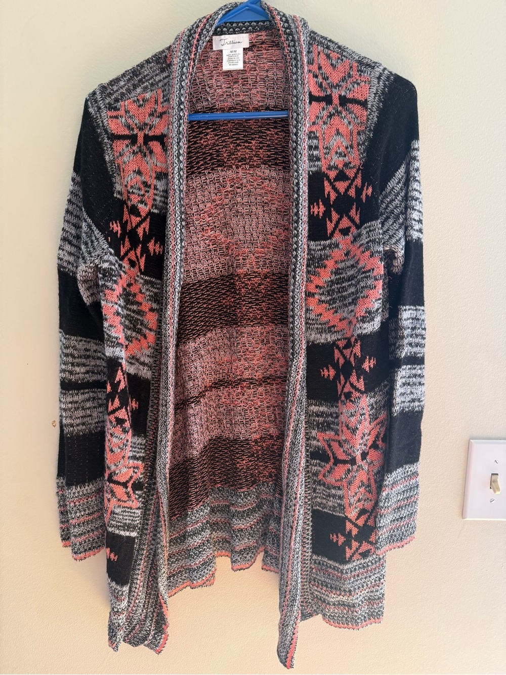 Trillium Coral and Black Tribal Open-Front Cardigan